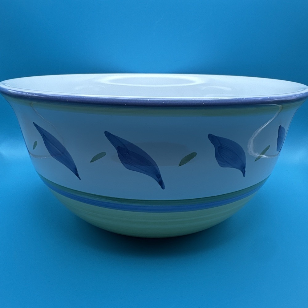 Williams Sonoma Tournesol 11" Serving Bowl Italy Blue White Yellow Leaves Salad